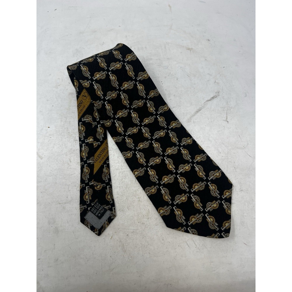 Vintage Valentino Cravatte Men Black Gold Geometric Silk Tie Handmade Italy L